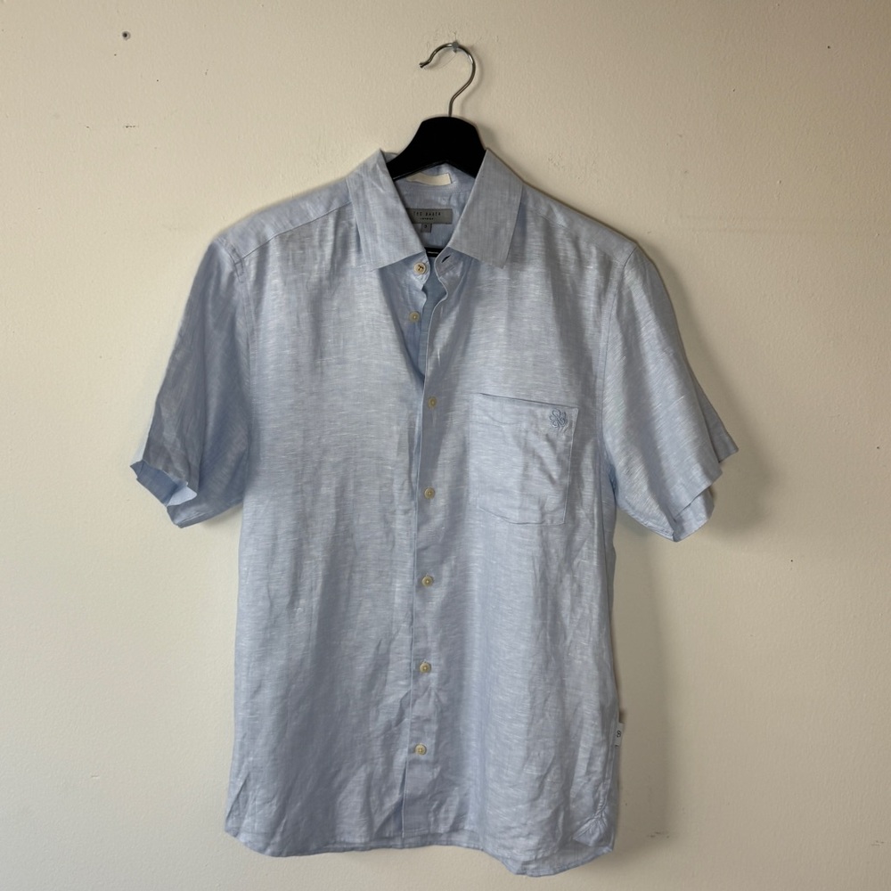 Ted Baker Light Blue Addle Linen Short Sleeve Button Down Shirt - Picture 4 of 6